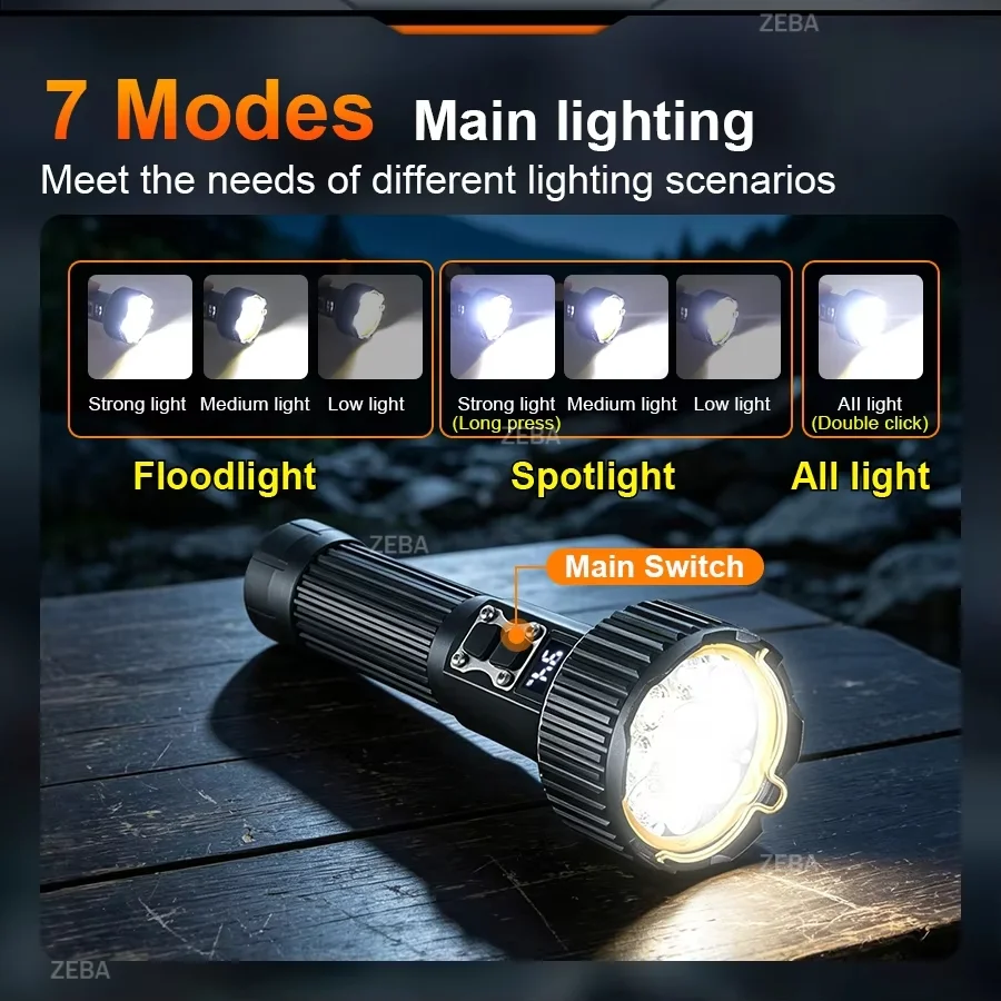 Colorful LED Flashlight 7 Light Modes USB Rechargeable Camping Lantern Waterproof Hanging Torch for Outdoor Tent Hiking Emergenc