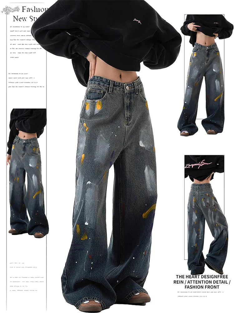 

2200, осень-зима, женские джинсовые брюки с рисунками Y2K, мешковатые широкие джинсы Tomboy, японский Harajuku, гранж 2000-х, кибер-панк, новинка