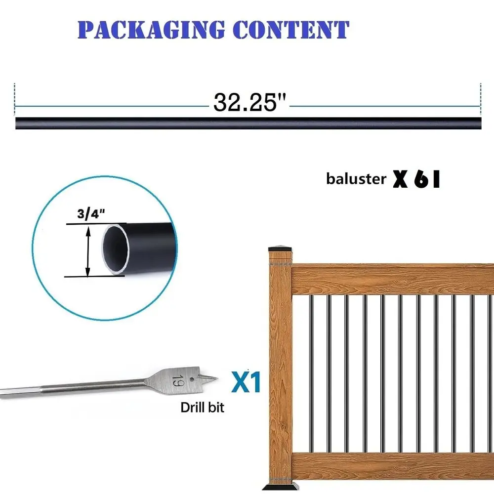 61팩 32.25 x 3/4 중공 원형 검정 금속 데크 난간용 발루스터