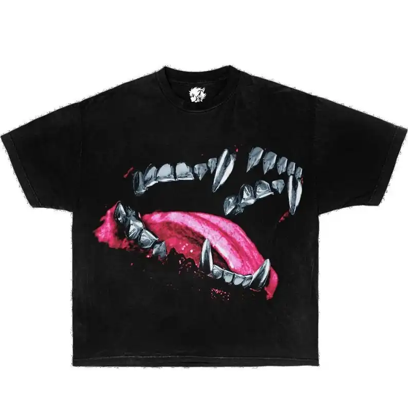 Grillz Dog Bite Garment-Dyed Boxy Tee Black Shirt Opium, y2k, fashion, streetwear, unisex, men, women, cotton, crew neck, y2k, v