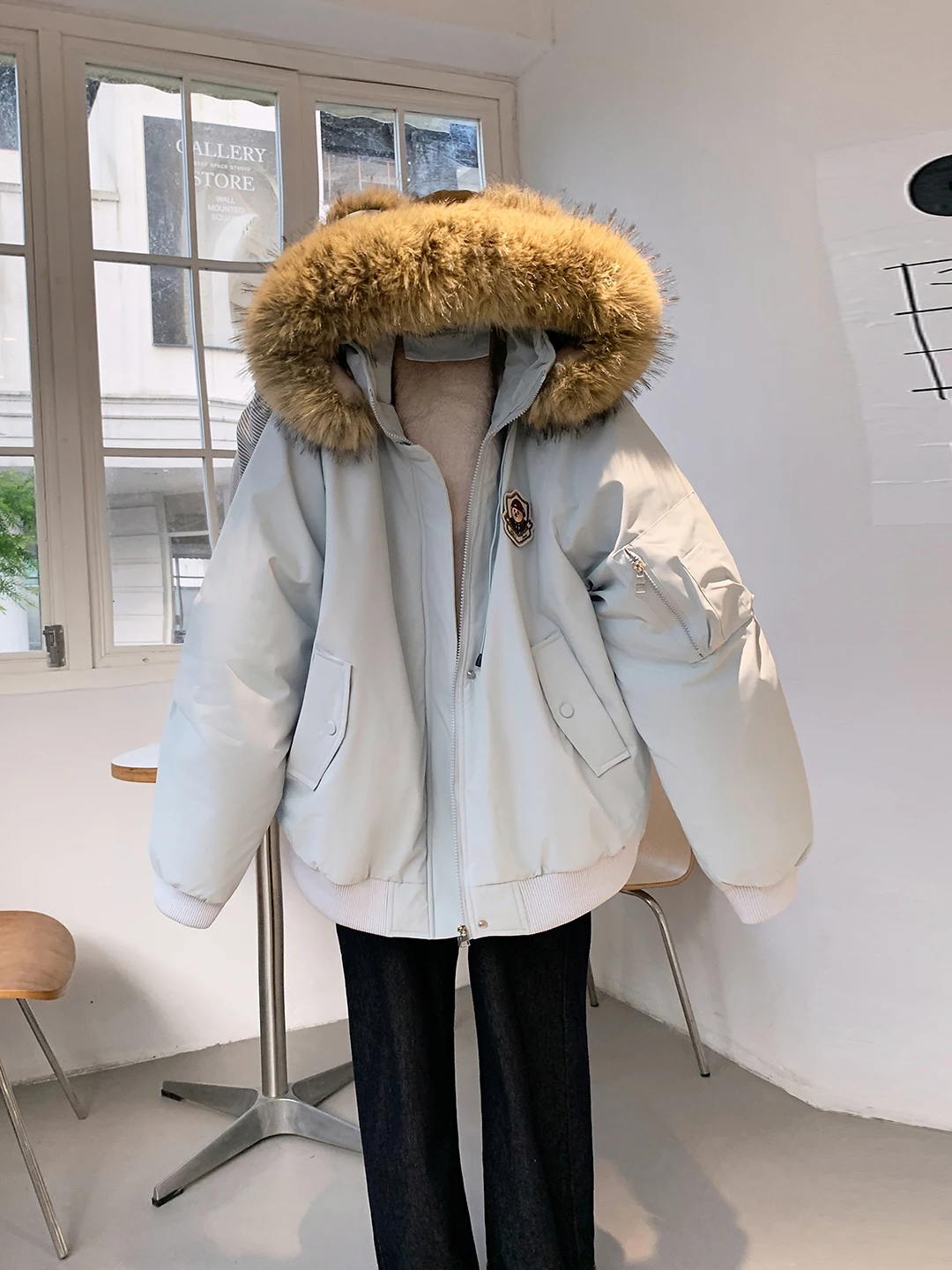 Bear Faux Fur Lined Thickened Winter Jacket Women's Cotton Coat Korean Style Casual Zipper Closure Short Length Bear Pattern