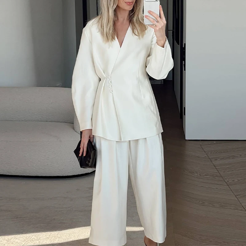 

Elegant Lady Solid Color Slim Commute Outfits Temperament Women's Suits French Style Light Luxury V-neck Lace Up Tops&Pants Sets