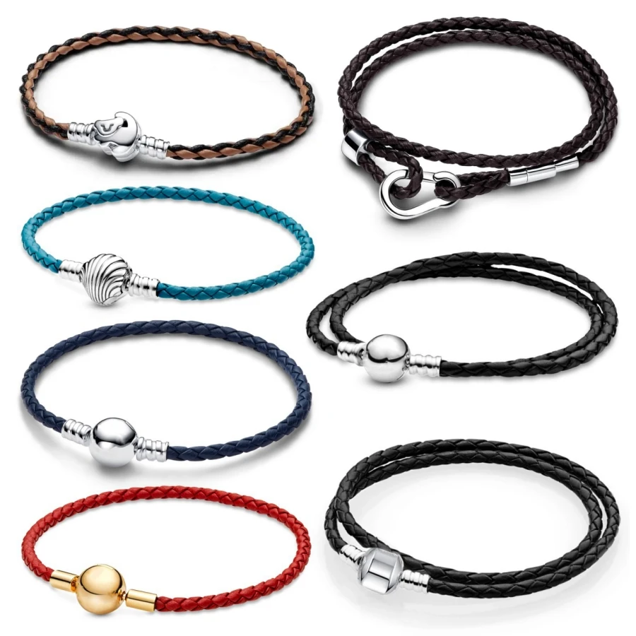 Disney Moments Braided Leather Bracelet Women DIY Charm Bead Pendant Jewelry Fine Gifts