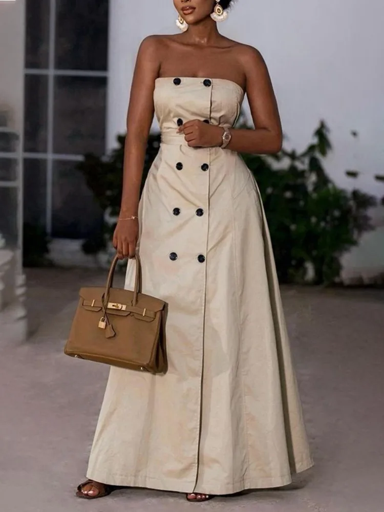 Onecozyday 2025 elegante vestido sin tirantes para mujer Color sólido abotonado cintura alta Maxi vestido con cinturón plisado vestidos de fiesta