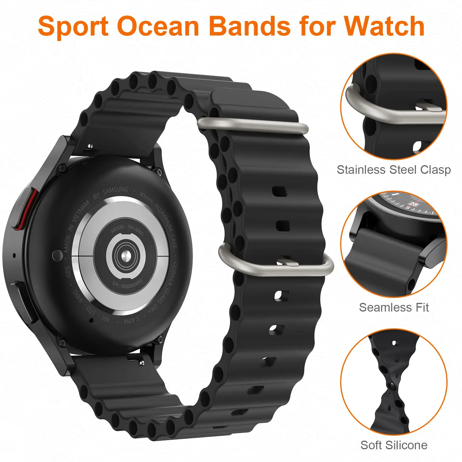 Pulseira oceano para Samsung Galaxy Watch, pulseira de silicone, pulseira esportiva, galaxy 4, 5 pro, clássico, 40mm, 44mm, 45mm, 20mm, 22mm, 42mm, 46 milímetros