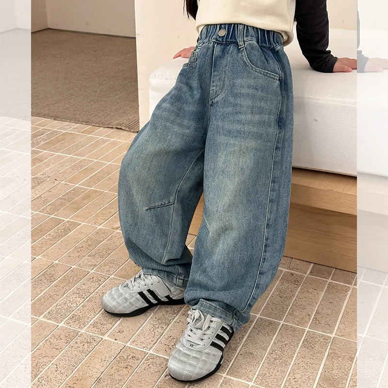 

Джинсы UNITM для маленьких девочек, новые зимние однотонные толстые теплые детские джинсовые брюки для маленьких девочек, повседневные брюки в стиле ретро с эластичной резинкой на талии для маленьких девочек