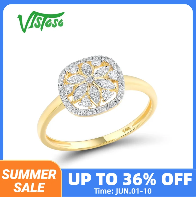 VISTOSO Genuine 14K 585 Yellow Gold Ring For Women Sparkling Diamond Flower Ring Delicate Wedding Engagement Trendy Fine Jewelry