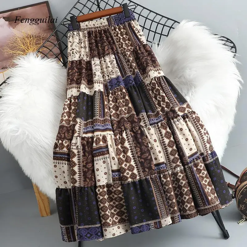Ethnic Style Contrasting Printed Mid Length Skirt for Women In Spring, New Elastic Waist Bohemian A-Line Patchwork Skirt