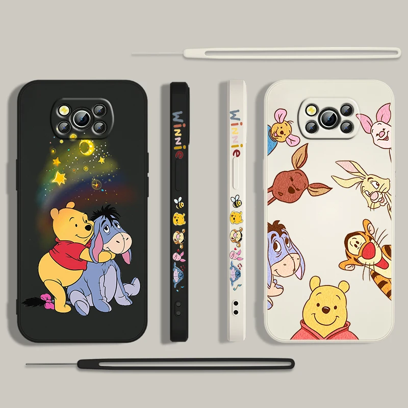 Cute Pooh Bear Disney For Xiaomi Poco Cover For X4 X3 F4 NFC M6 M5 M4 M3 GT S Pro Liquid Left Rope 4G 5G Phone Case