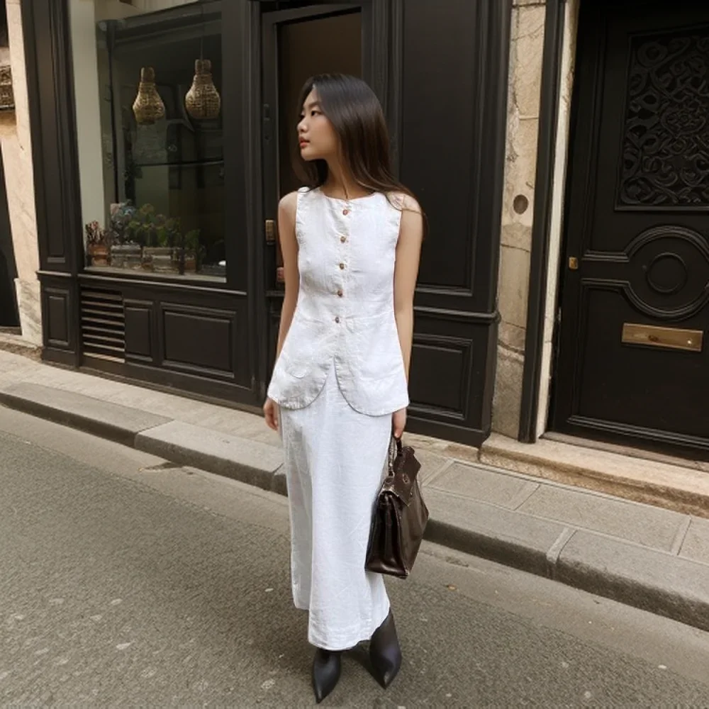 

Women Vintage Buttons Vest Set Fashion Sleeveless Square Collar Waistcoat Blouse White High Waisted Skirt Commuting Work Clothes