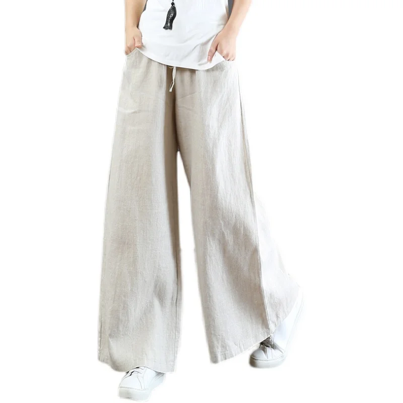 High Waist Wide Leg Pants Women's Summer Artistic Retro Linen Cotton Drapey Floor-Length Loose Fitting Casual Trousers