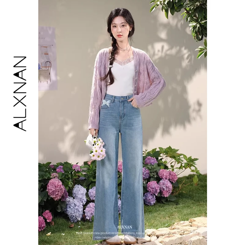 

ALXNAN Blue Straight Jeans Hotfix Rhinestones Fashion Elegant Women's Baggy Pants 2026 Straight Wide-leg Denim Pants L61370A-1