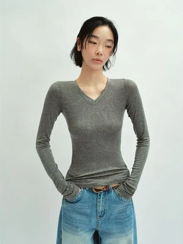 

Hello September Bla Label New Silk Wool Skin-friendly V-ne Base irt Casual Fit Long Sve Youth Women's Faion