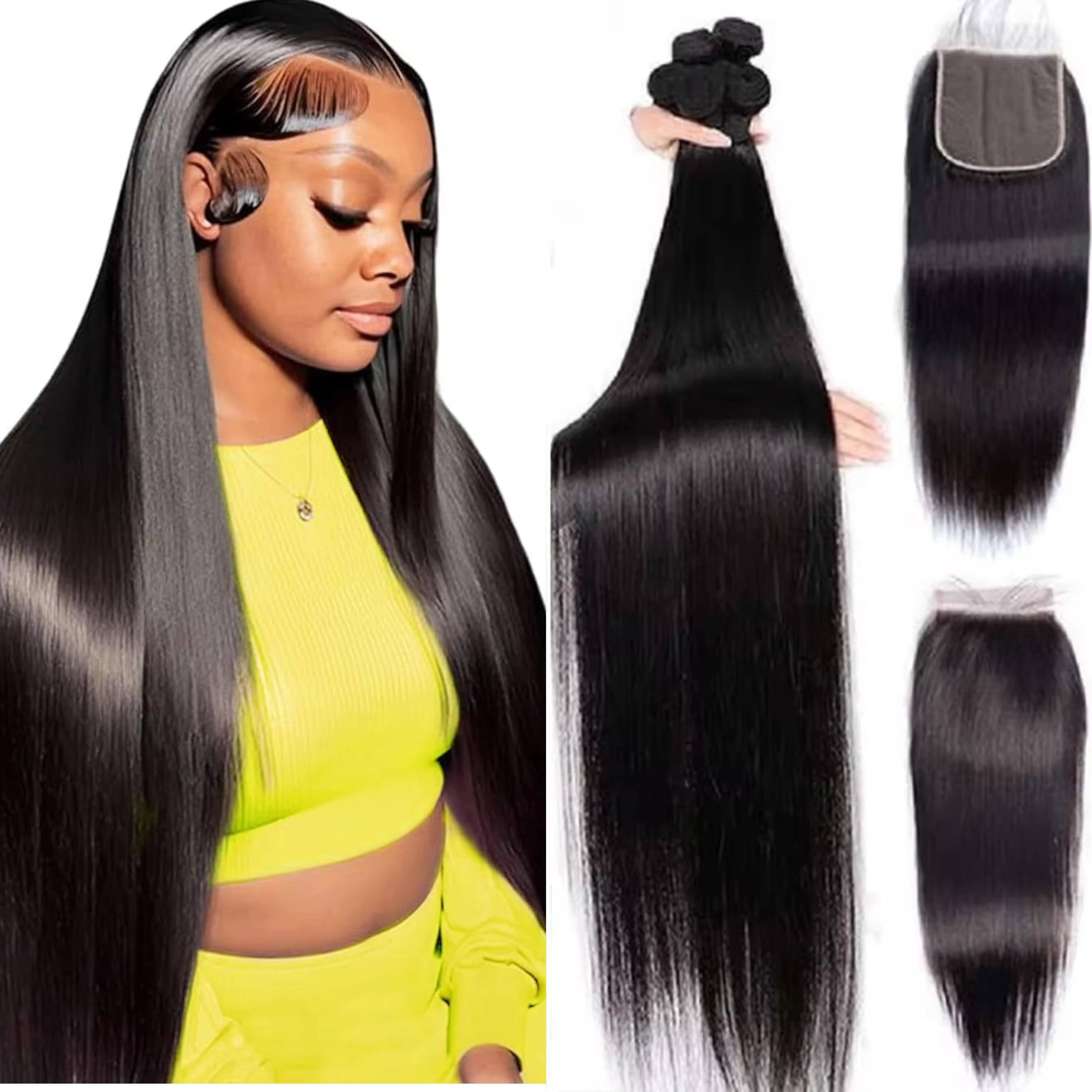 30 32 Inch Bone Straight Bundles With 4x4 Lace Closure Frontal 100% Raw Vietnamese Hair Original Human Hair Weaving Bundle Deals