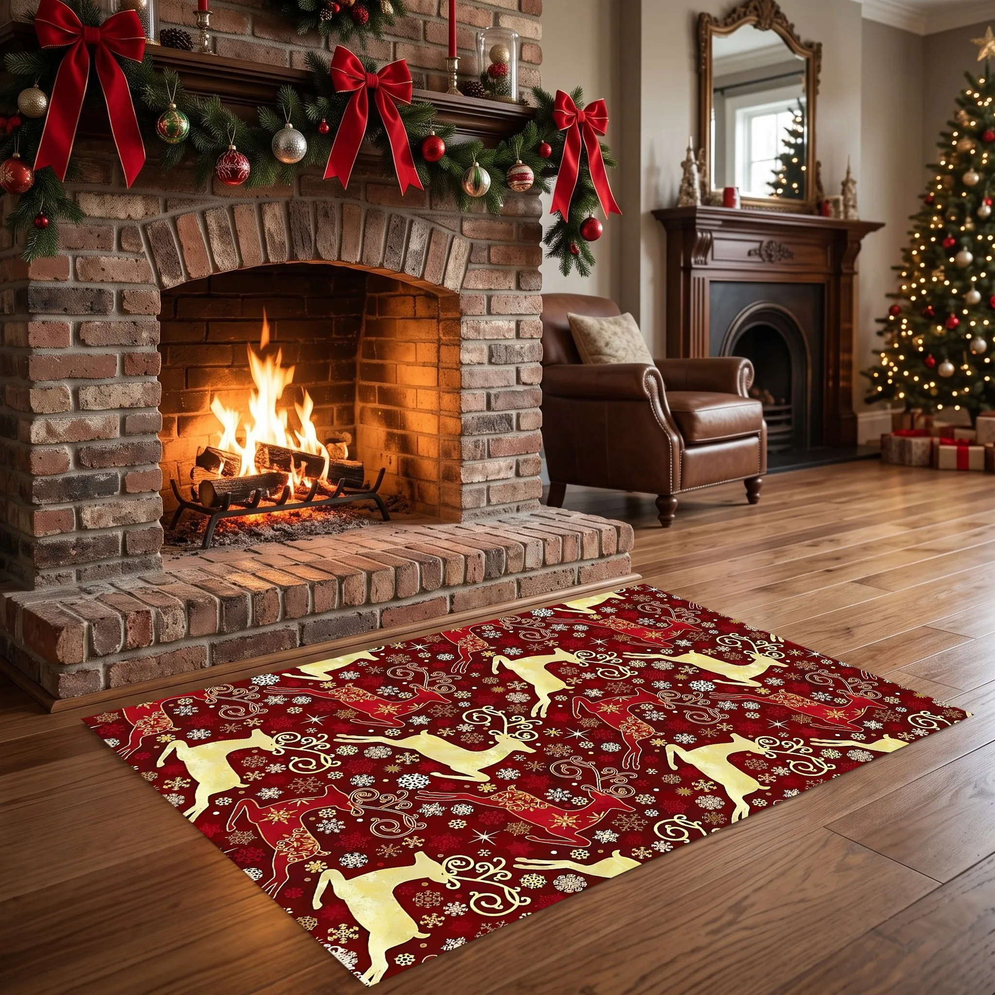 Red Background with Gold Reindeer and Snowflake Print, Retro and Festive Christmas Style, Suitable for Living Room, Bedroom, and Entryway, Creating a Warm Autumn/Winter Atmosphere with a Velvet Carpet