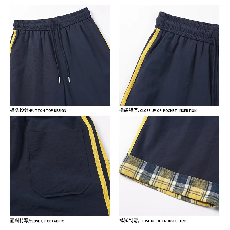 Summer Quick-drying Lightweight Sports Shorts Men's Retro Plaid Patchwork Knee Trousers Casual Straight Five-minute Trousers