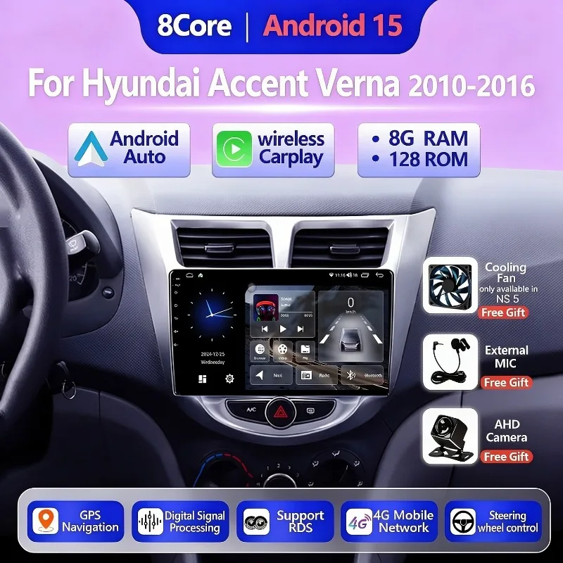 Android15 Car Radio For Hyundai Accent Verna 2010 - 2016 Wireless Carplay Android Auto GPS Navigation Multimedia Stereo Player