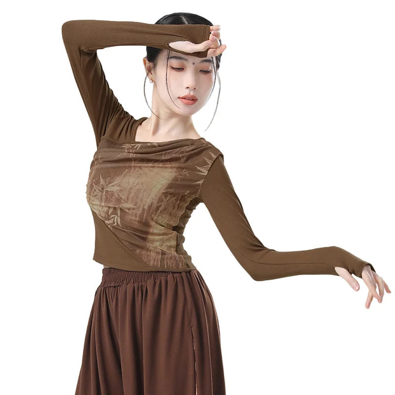 

Chinese Traditional Hanfu Printed Classical Dance Practice Top Thumb Finger Sleeve Modern Body Rhyme Tee Shirt Elegant Outfit