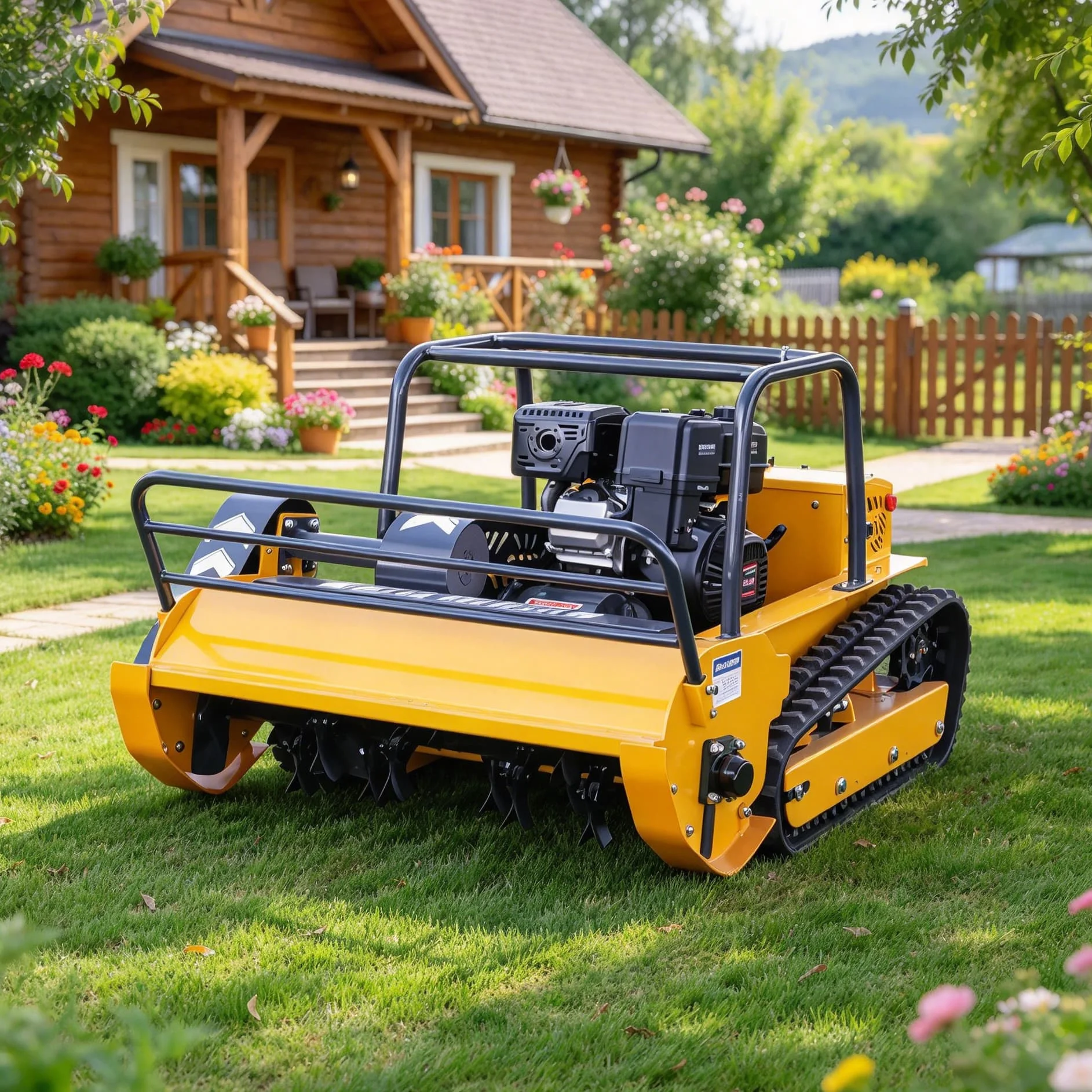 Customized slope grass cutter remote controlled lawn mower with anti-slip crawler chassis, safe working on uneven ground