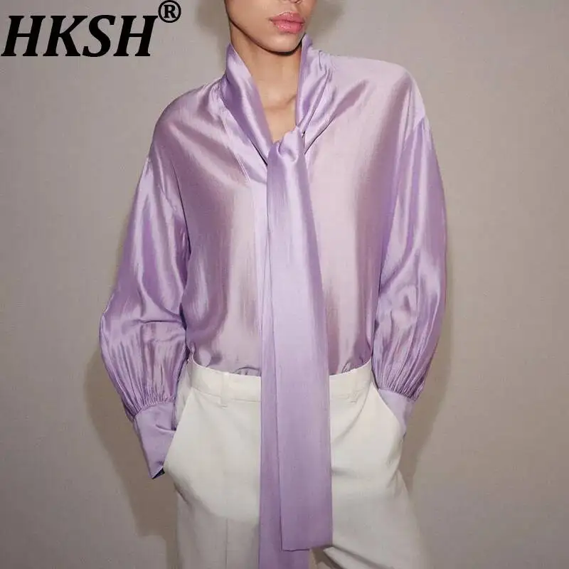 

Женская рубашка HKSH, однотонная, с длинными рукавами и лентами, универсальная, элегантная, модная, высококачественная блузка, шикарный повседневный топ, весна-лето HK22884