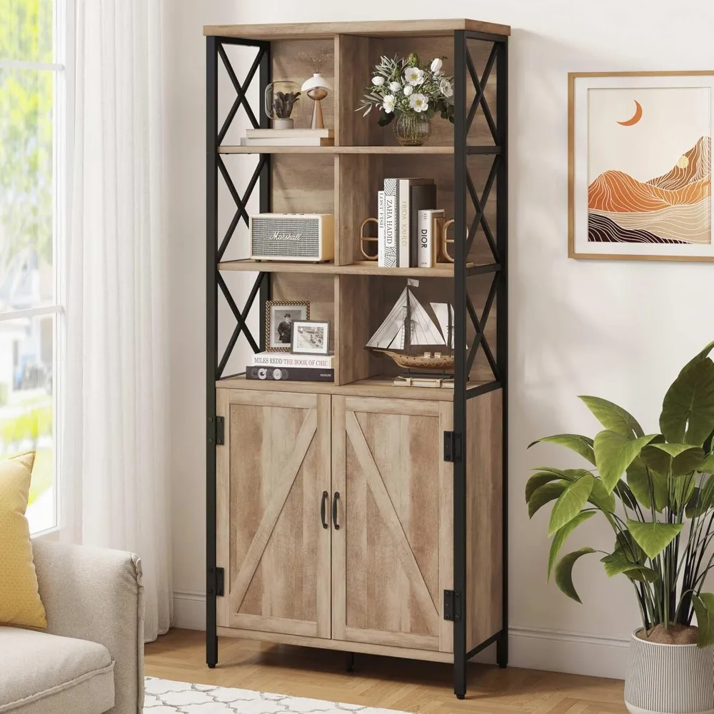 Bookcase with Doors, Rustic Tall Bookshelf with Cabinet, Industrial Farmhouse Book Shelf and 6 Cube Organizer Book case