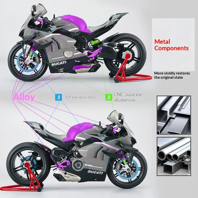 Modello di moto XLG 1:7 Ducati Panigale V4S - Pressofuso in lega con effetto fumo e luce/suono Regalo da collezione con licenza ufficiale