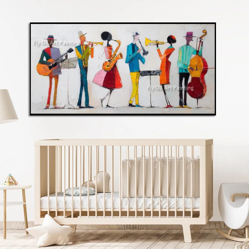

Abstarct Blue Orange Yellow Band Play Musical Instruments Oil Painting Large Specail Design White People Wall Art For Decor