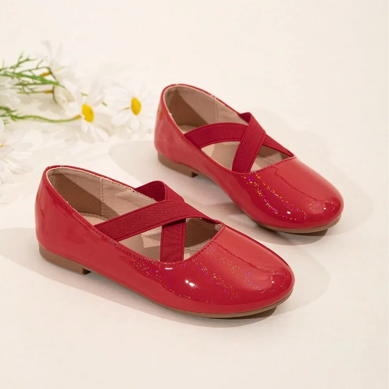 

Girls' Glitter Patent Leather Ballet Flats Crisscross Elastic Strap Round Toe Dance Party Performance Ballet Slip on Boat Shoes