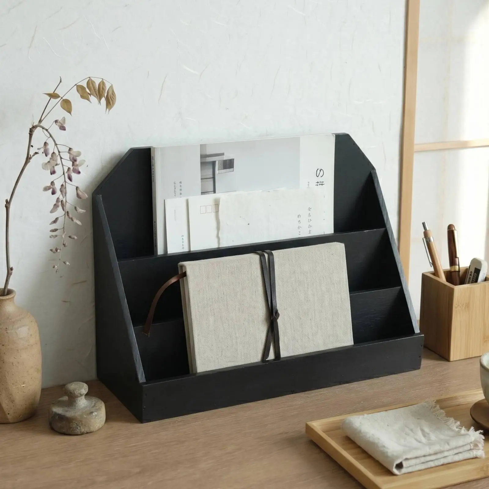 Desktop Organizer Solid Wood File Rack for Office Desk Books Magazines Folders with Pen Holder Storage Solution
