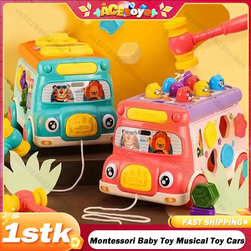 

Montessori Cartoon Bus Baby Toy Musical Toy Cars Beating Game Educational Toys Pull Along Toy Toddler Car Classify Sorting Toys