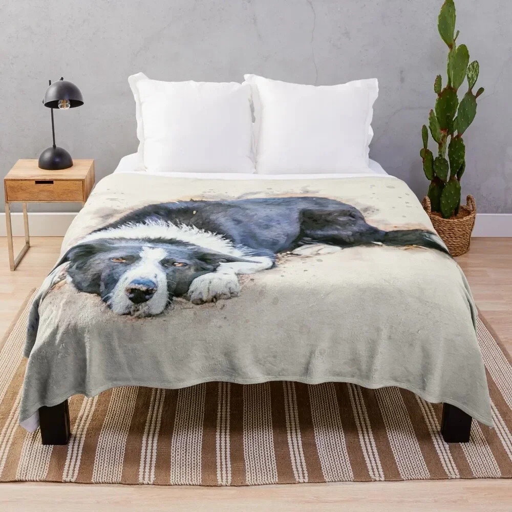 Cute Border Collie Lying on Ground Watercolor Throw Blanket Sofa Quilt Travel warm for winter Blankets