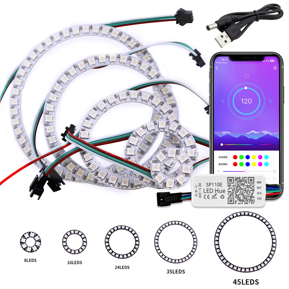 Individually Addressable LED Ring RGB WS2812 LED Strip with SP110E Bluetooth APP Controller USB DC5V 8/16/24/35/45/128LEDs/m LED