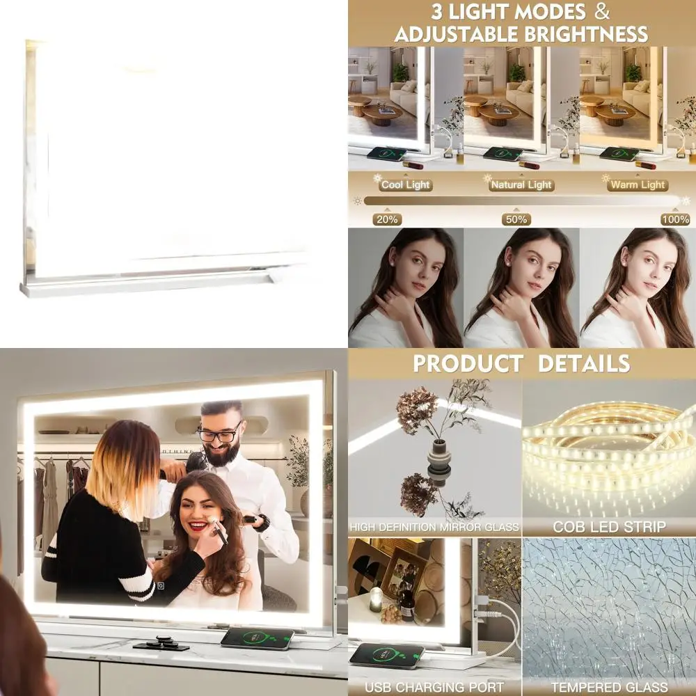 

Косметическое зеркало со светодиодной подсветкой 32 x 22 с 3 режимами регулировки яркости, зарядкой через USB, настольное/настенное крепление, белое