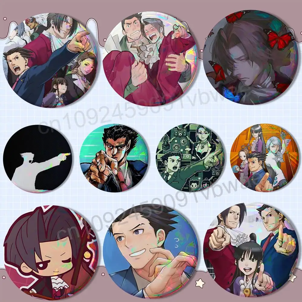 

Miles Edgeworth Ace Attorney Reflective Pin Tinplate Round Brooch Cartoon Cosplay Badges for Bag Hat Toys Gifts