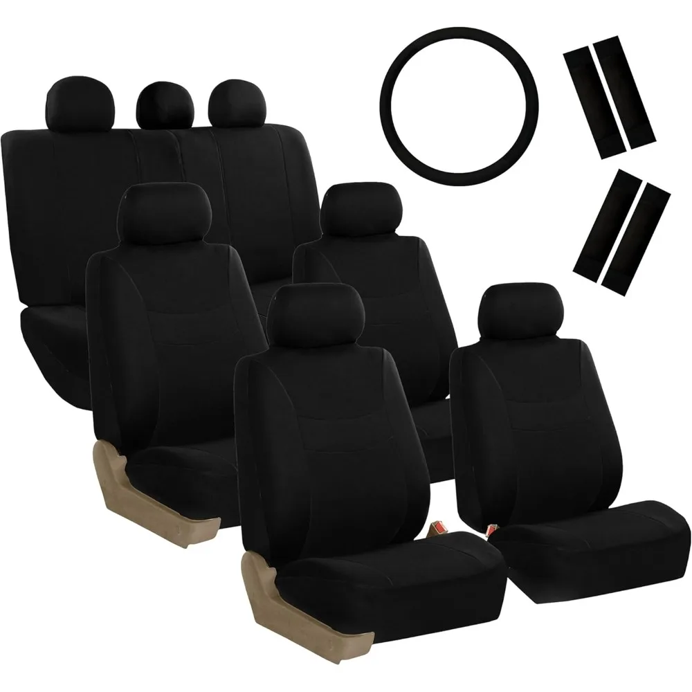 

Universal Airbag Compatible Light and Breezy Flat Cloth Car Seat Covers, Combo with Steering Wheel Cover and Seat Belt Pads for
