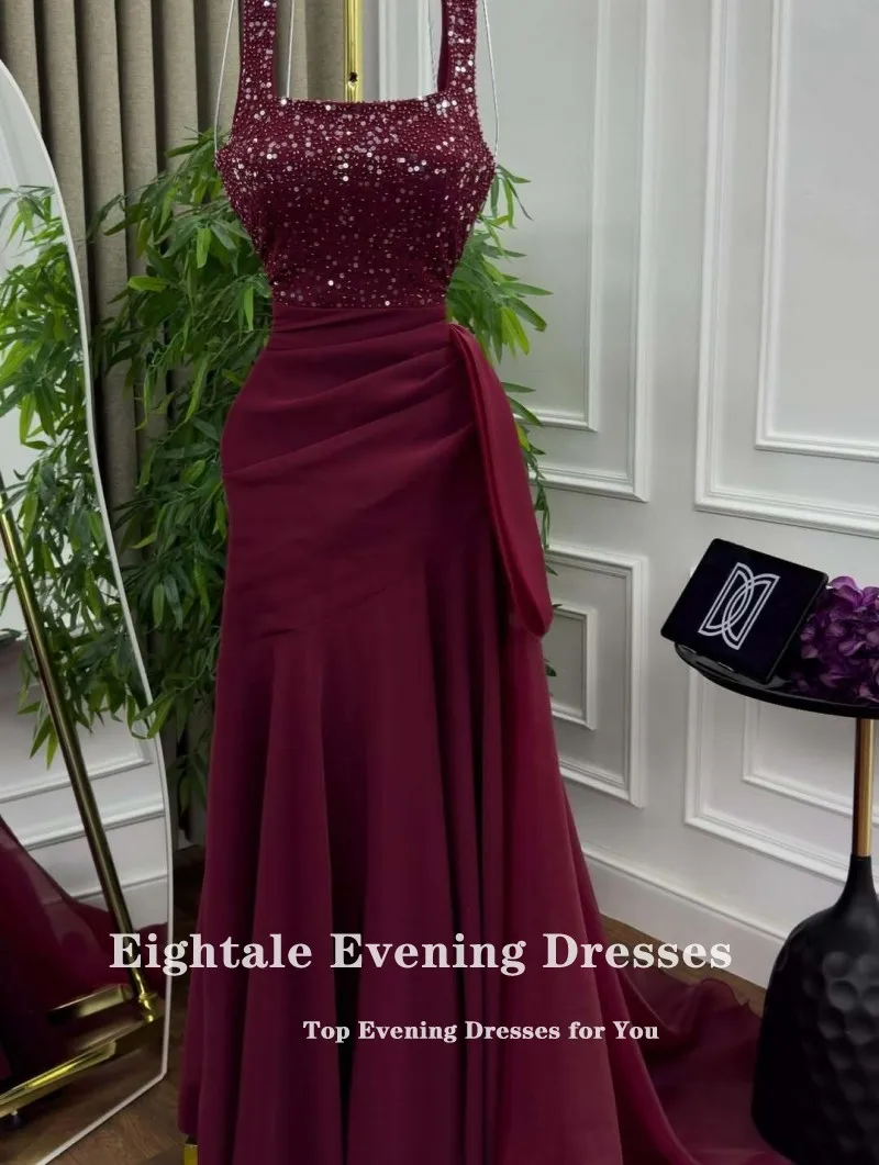 Eightale Arabisch Abendkleid Abendkleid Angepasst Spaghetti Strap Burgund Pailletten Hochzeit Party Kleid Meerjungfrau Roben De Soirée