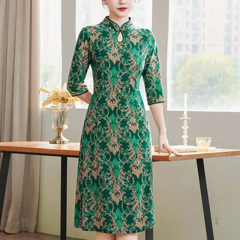 Chinese Style Summer Women's 2024 New Patchwork Stand Collar Printed Fashion Slim Minimalist Comfortable Half Sleeves Dresses