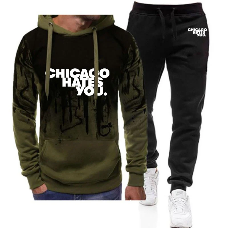 

Chicago Hates You Same 2025 Spring Autumn Men's Trendy Gradient Color Hooded + Popular Sweatpants Comfortable Suit