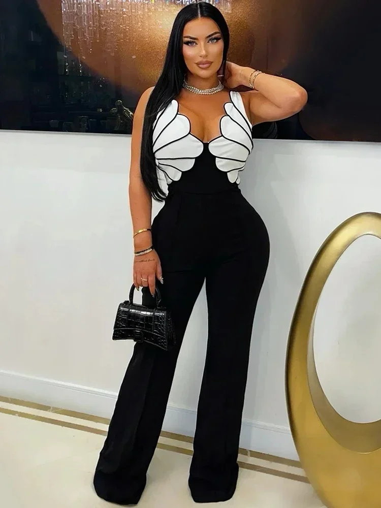 

Women V-Neck Backless Wide Leg Straight Sleeveless Jumpsuits 2025 Spring Patchwork Sexy One Piece Set Streetwear Outfits