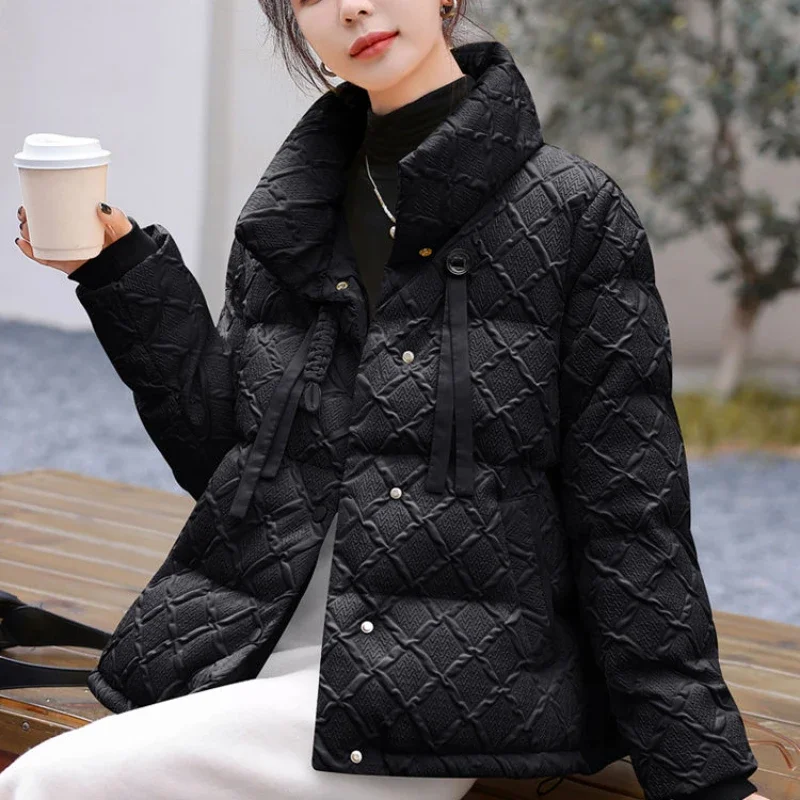 Winter Women Clothing Puffer Jacket Warm Vintage Quilted Cropped Coats Windproof Coats Single Breasted Chic Design Short Jacket