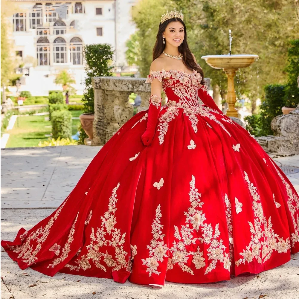 ANGELSBRIDEP Gaun Quinceanera Bunga 3D Merah untuk 15 Anak Perempuan Manis Gaun Pesta Putri Applique Wisuda Prom Disesuaikan