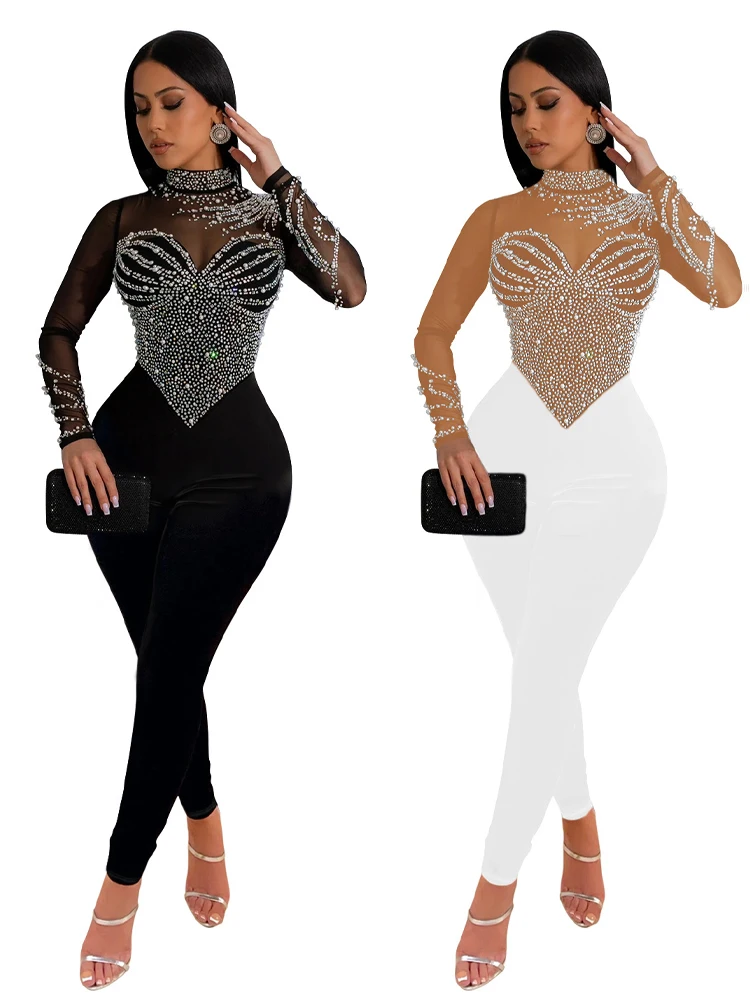 

Long Sleeved Mesh Long Jumpsuit Women 2024 New Black Hot Diamond Half High Neck Bodysuit Solid Color Elegant Women's Clothing