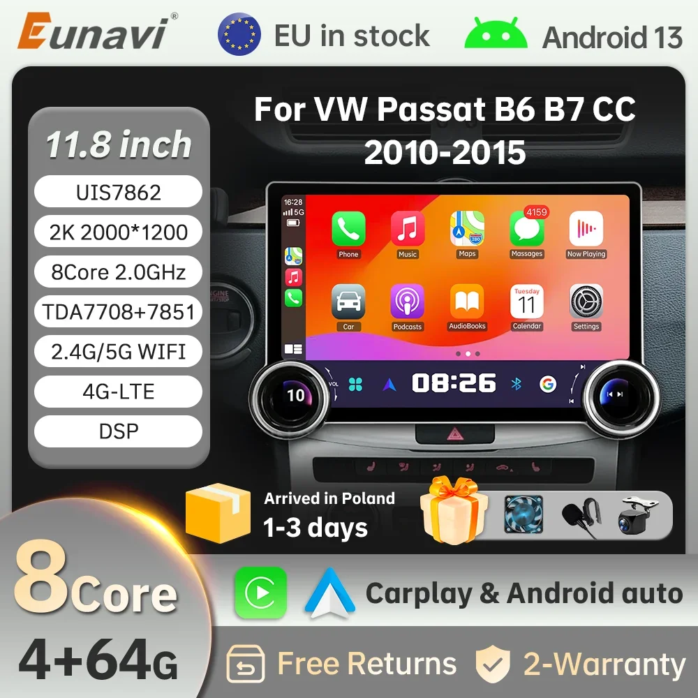 Eunavi 11.8 Android12 Car Radio for Volkswagen Passat B7 B6 CC 2 Navigation Multimedia Video Player 2Din Stereo