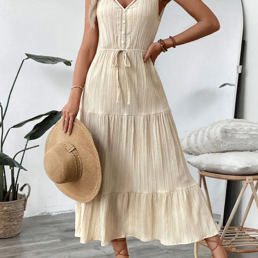 Casual Summer Beach Dress Women Sleeveless V Neck Holiday Outfits Solid Color Elegant Texture Fabric High Waist A Line Apparel