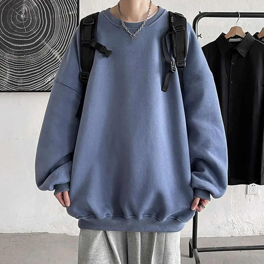 Fall Winter Men Sweatshirt Solid Color Round Neck Long Sleeve Loose Top Thick Simple Style Warm Casual Couple Top For Daily