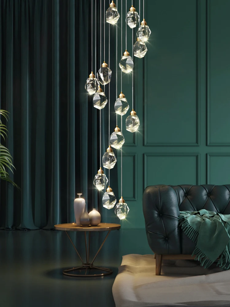 Luxury Golden Diamond Crystal Chandelier, Elegant LED Light Fixture for Large Living Room, Staircase & Hallway Home Deco
