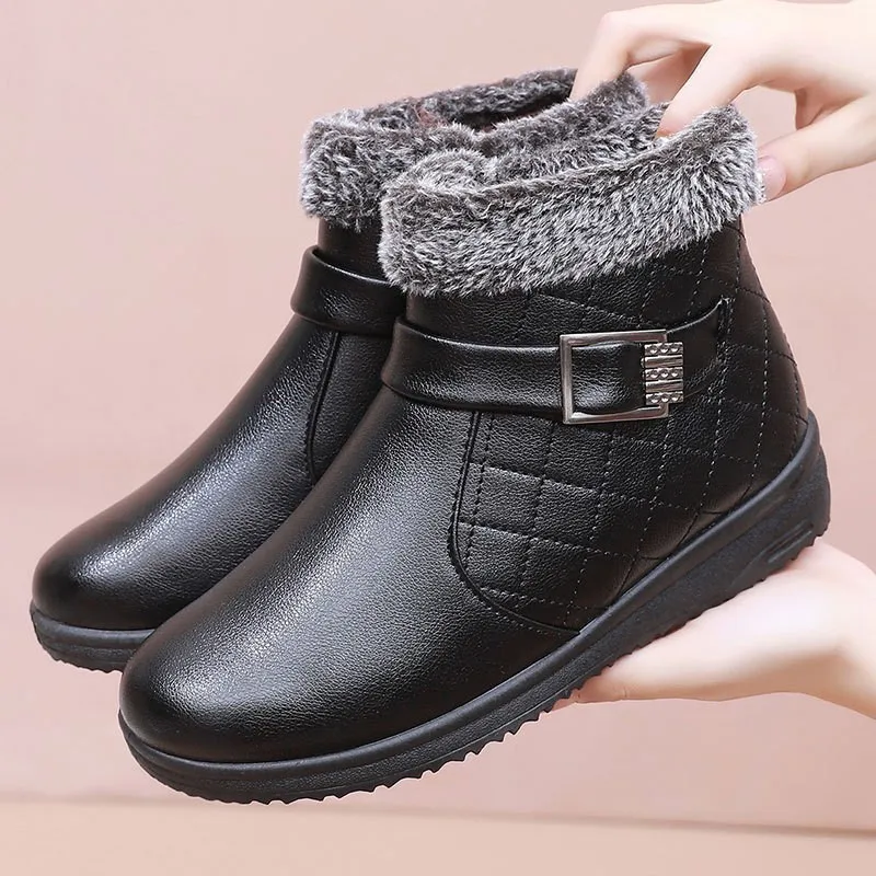 Winter New Women Leather Boots Fashion Comfortable Female Furry Ankle Boots Low Heel Non-slip Ladies Outdoor Booties Warm Shoes