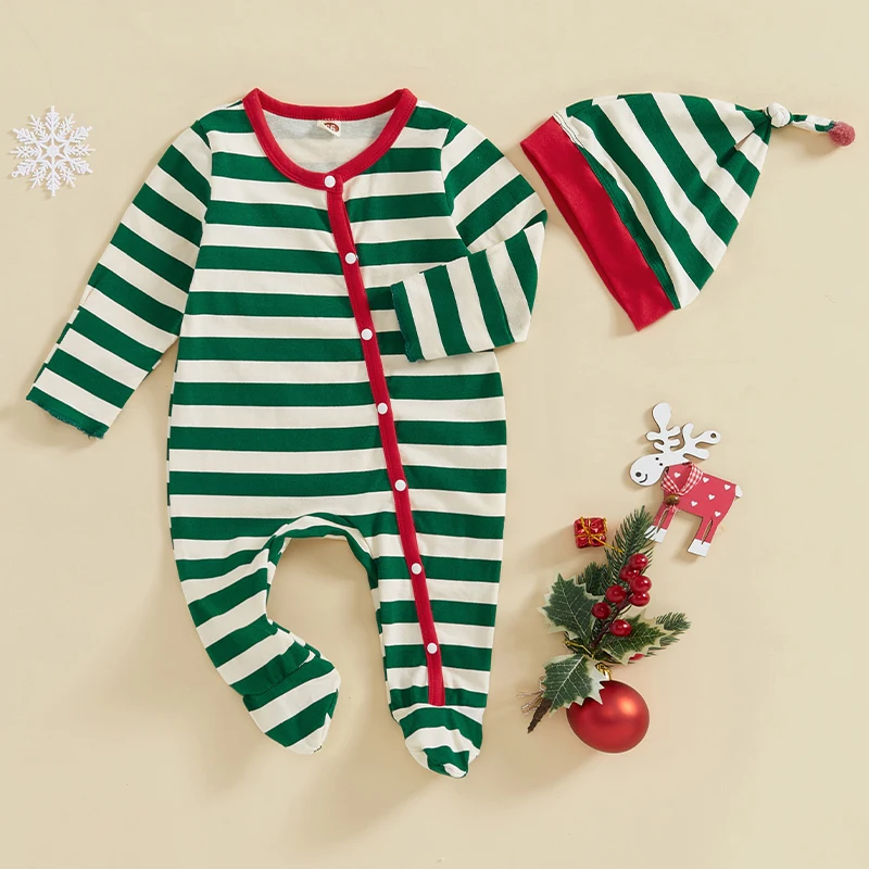 0-24M Baby Boy Christmas Romper Casual Striped Print Button Long Sleeve Jumpsuit with Hat for Infant Toddler Fall Outfit