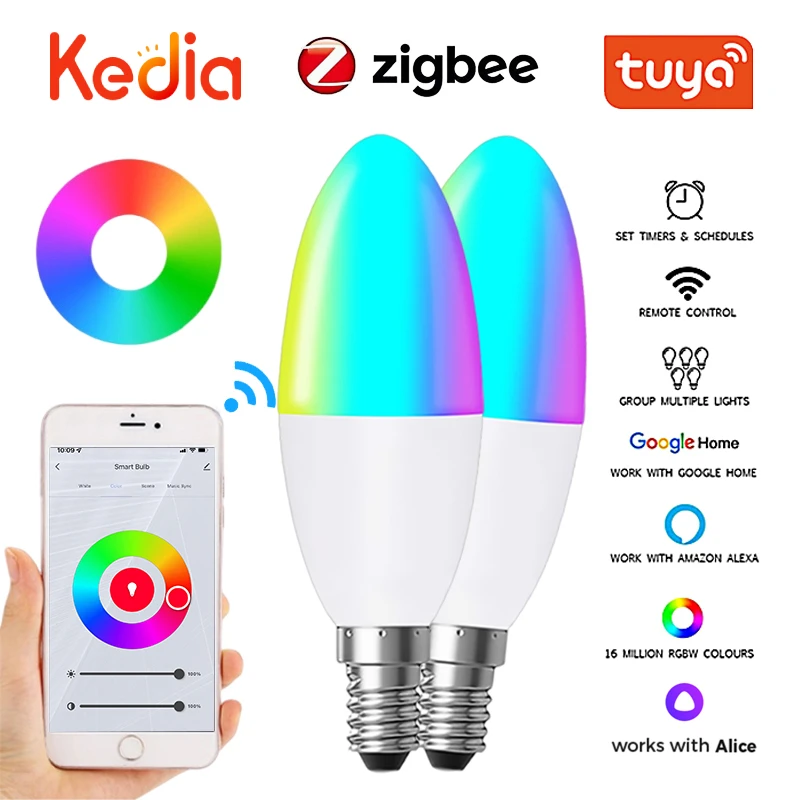 

E14 TUYA Zigbee Smart Candelabra Smart Home Lightbulb RGB+CCT 100-240V 5W Dimmable LED Light Bulb Alexa Google Home Yandex Alice