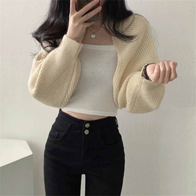 Women\'s Fall Open Front Shrugs Long Sleeve Boleros Solid Lightweight Knitted Cropped Cardigan Sweaters Short Shawl Tops